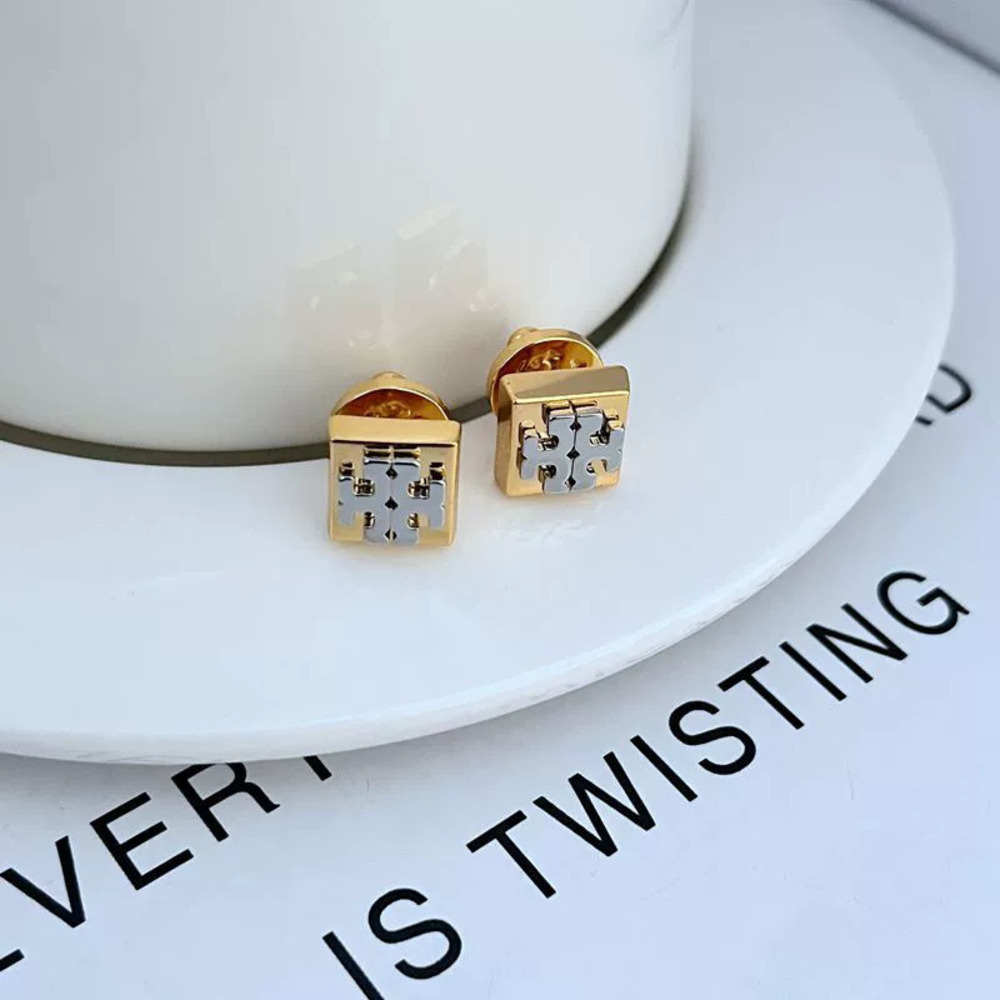 Tory Burch Geometric Square Inlaid Letter Metal Earrings